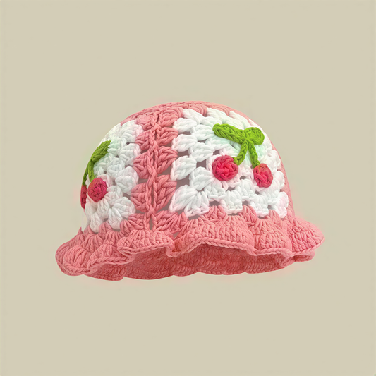 Kawaii 3D Cherry Bow Decor Crochet Hat, Vintage Hollow Color Block Knit Bucket Hat, One Size Breathable Sun Hat for Adult Girls Daily Streetwear