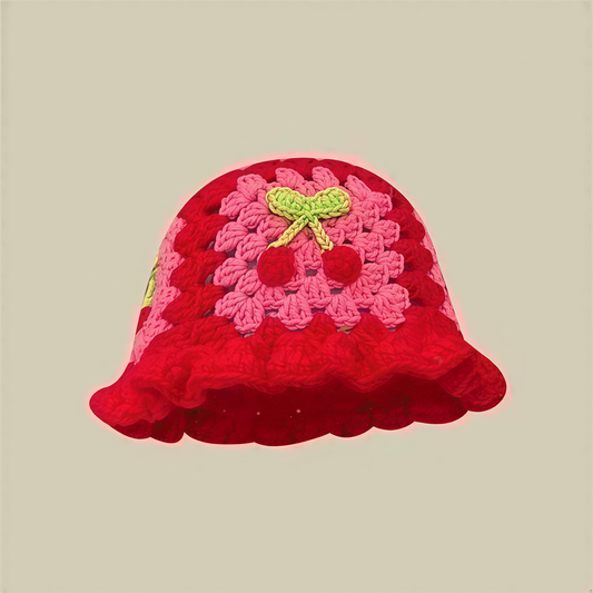 Vintage Sweet Color Block Crochet Hat, Hand Knitted Cherry Bow Decor Hollow Bucket Hat, Aesthetic Ruffle Brim Fisherman Cap for Daily Streetwear